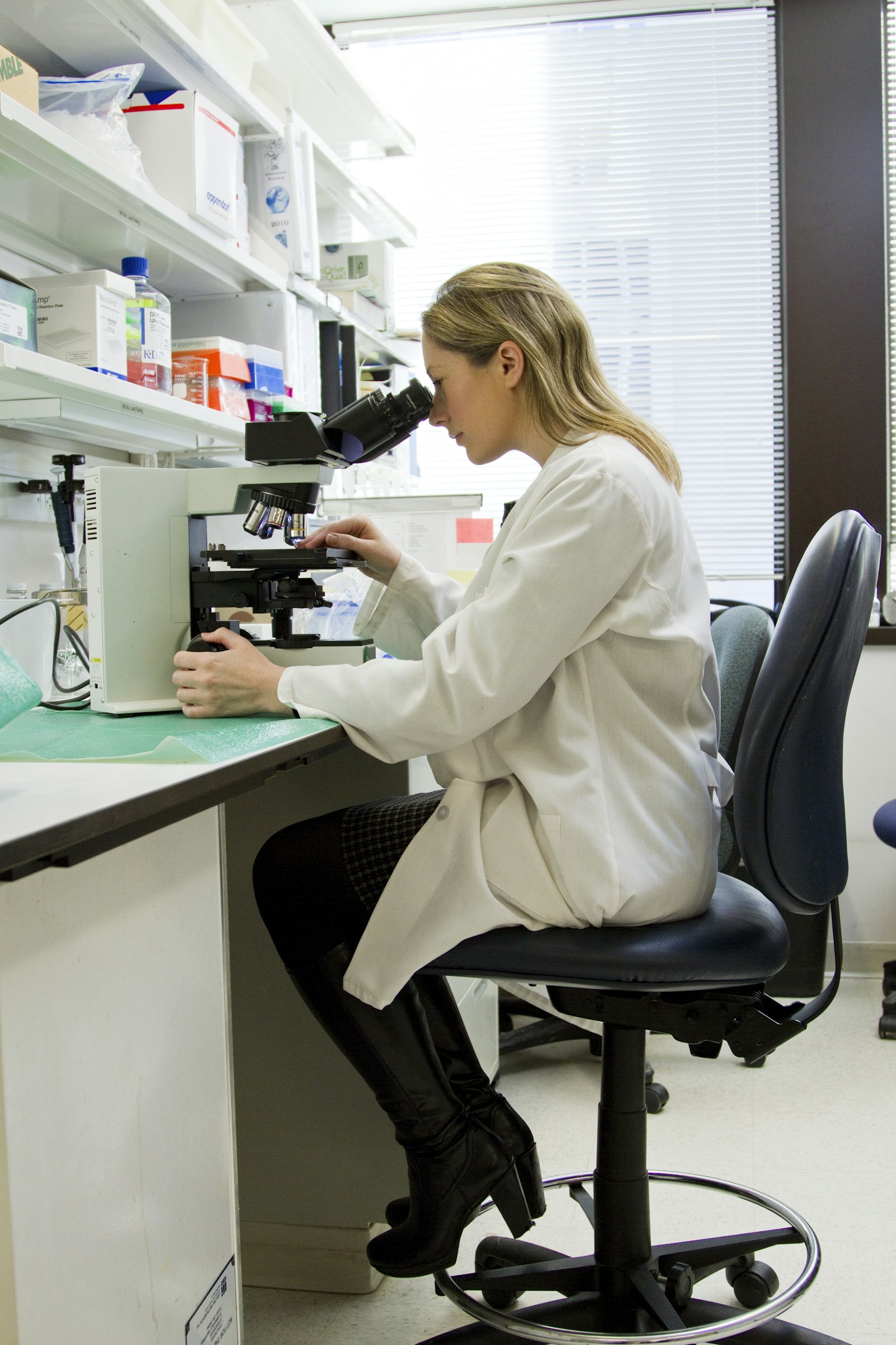 A scientist in a lab coat working at a laboratory bench with research equipment